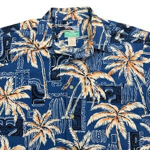 Reyn Spooner Shirt Mens L Blue Short Sleeve Button Up Palm Tree Cotton Hawaiian